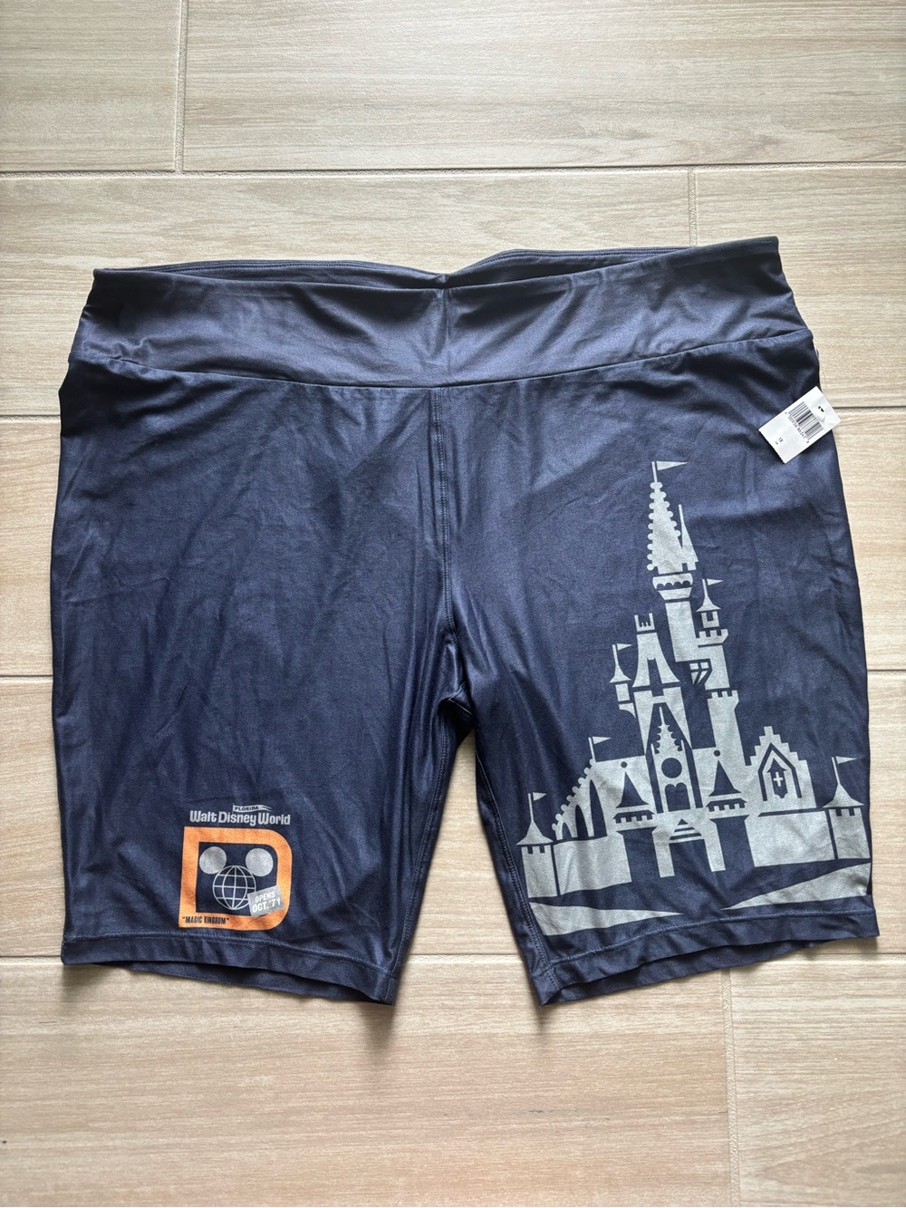 Disney World 50th Anniversary Women's Navy Bike Shorts with Silver Castle Print